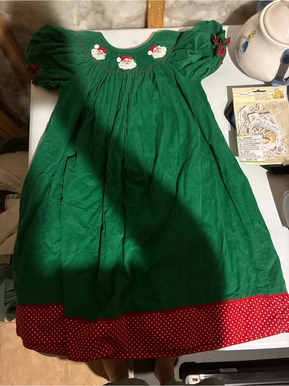 Classic Whimsy Green Holiday Smocked courdoroy Kids Dress with Red Polka Dot Hem